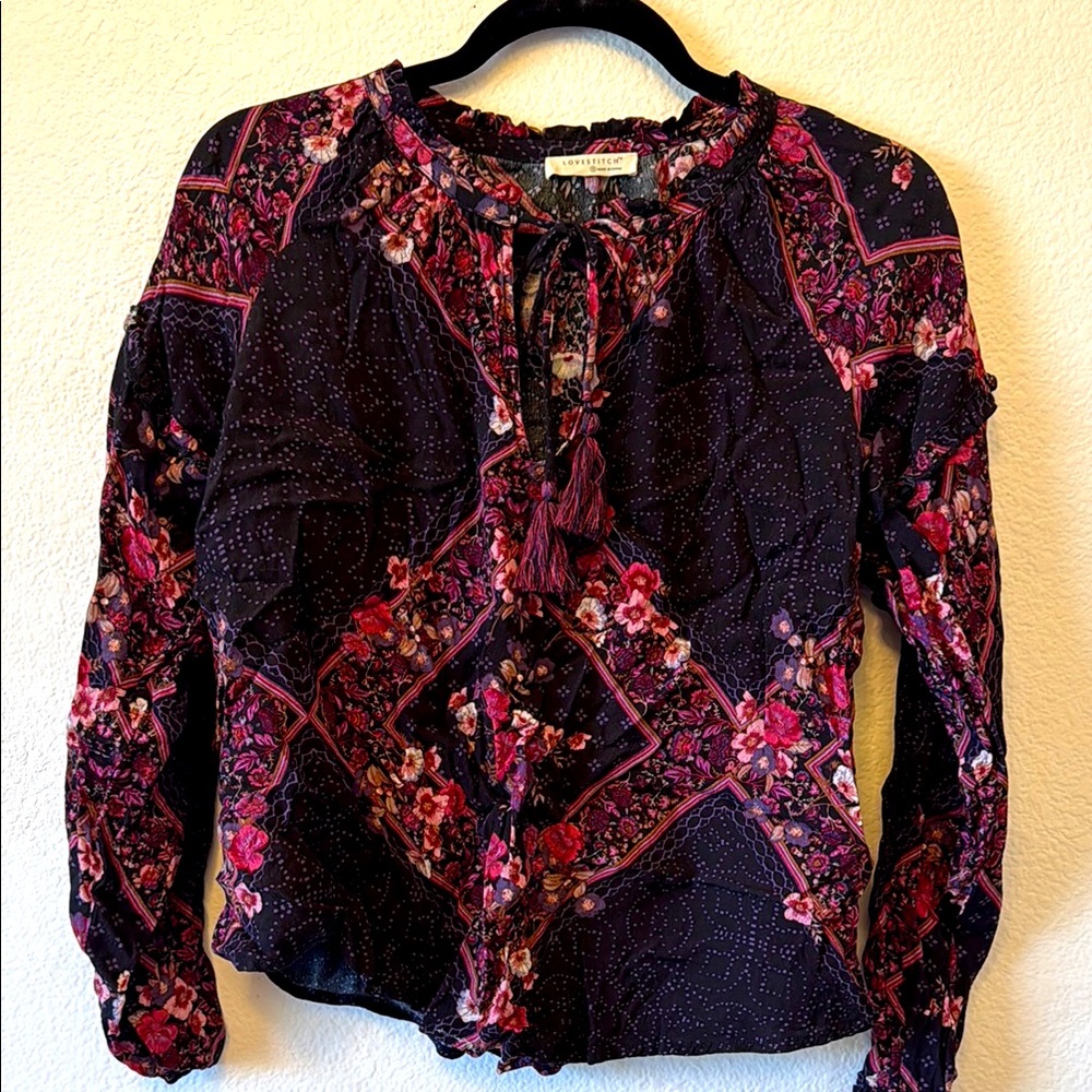 Lovestitch Floral Blouse with Ruffled Sleeves & Tassel Tie (S)
